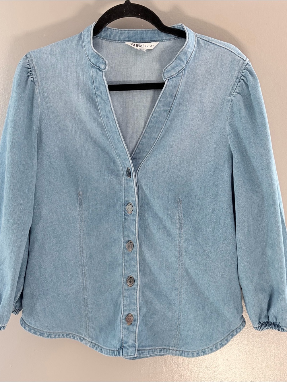 Denim Top Split V Neck Puff Sleeve Button Front White House Black Market